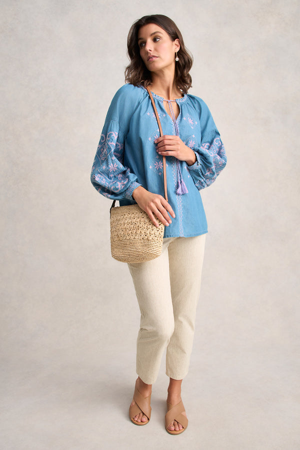 Embroidered Folk Blouse - Mid Denim Blue