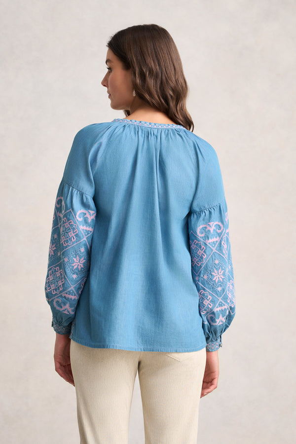 Embroidered Folk Blouse - Mid Denim Blue