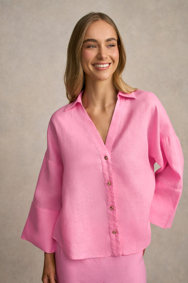 French Linen Resort Shirt - Bubblegum
