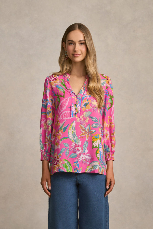 Printed Blouse - Pink Tropical Print