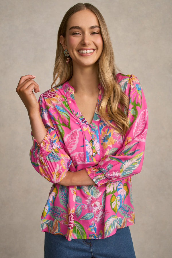 Printed Blouse - Pink Tropical Print