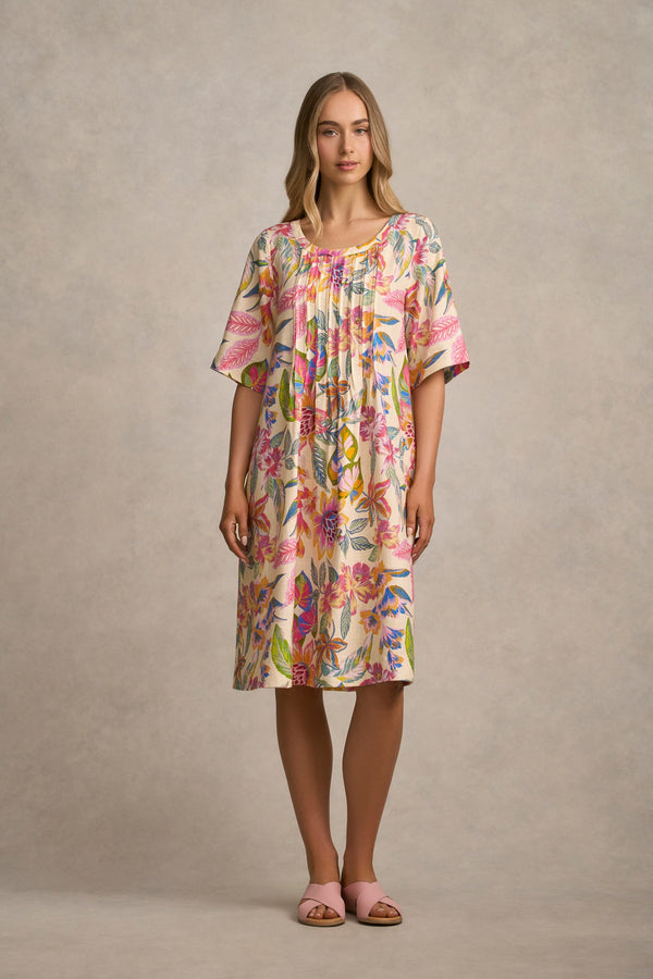 Linen Blend Pleat Front Dress - Tropical Print