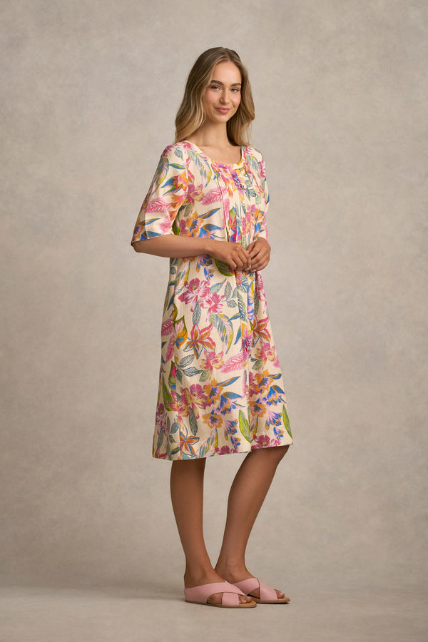 Linen Blend Pleat Front Dress - Tropical Print