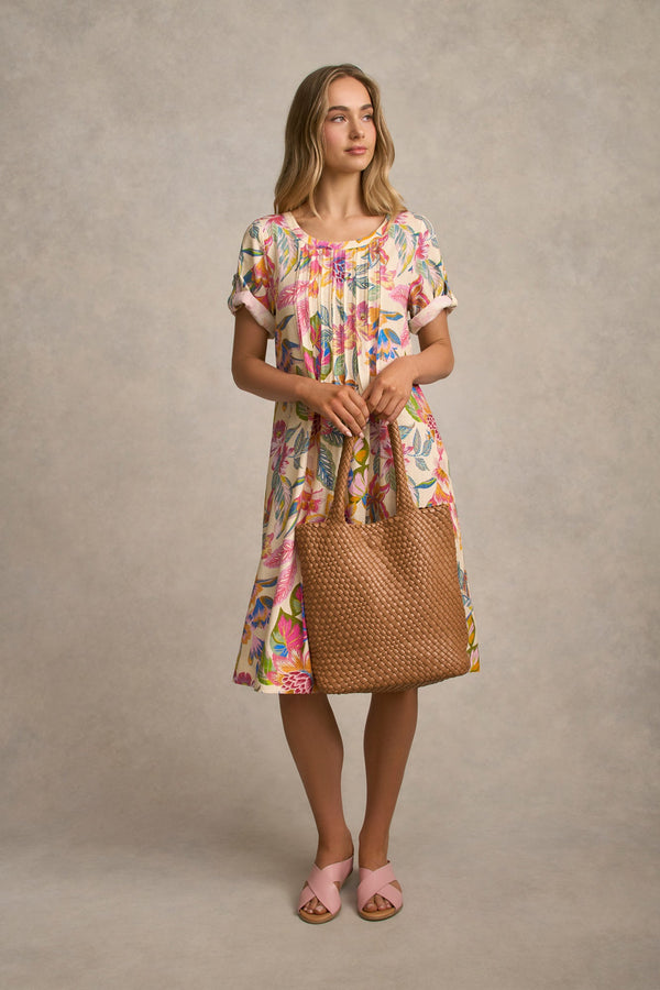 Linen Blend Pleat Front Dress - Tropical Print