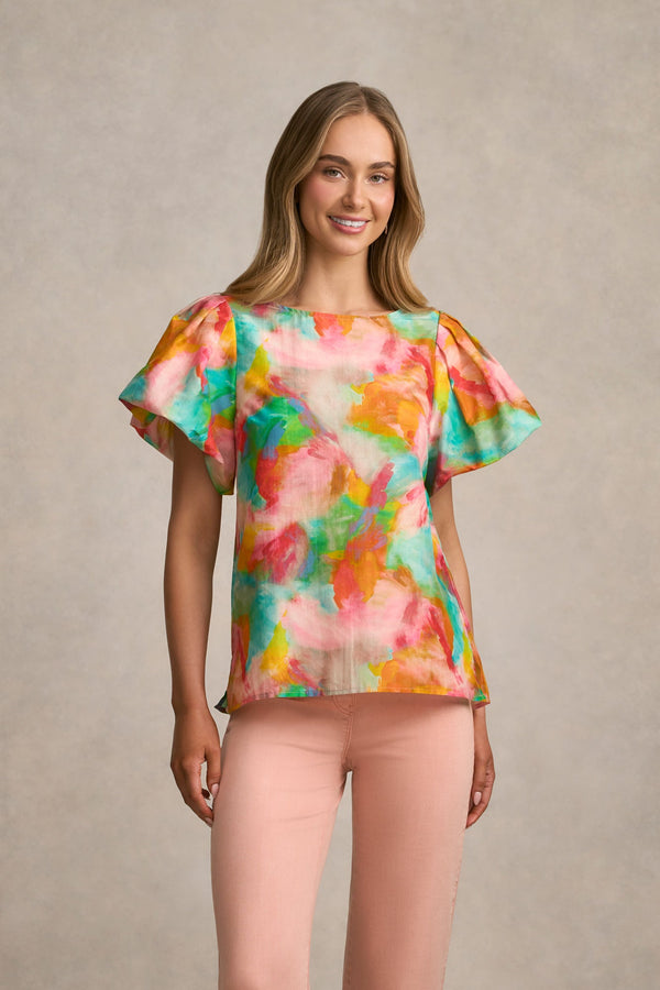 Puff Sleeve Blouse - Abstract Print