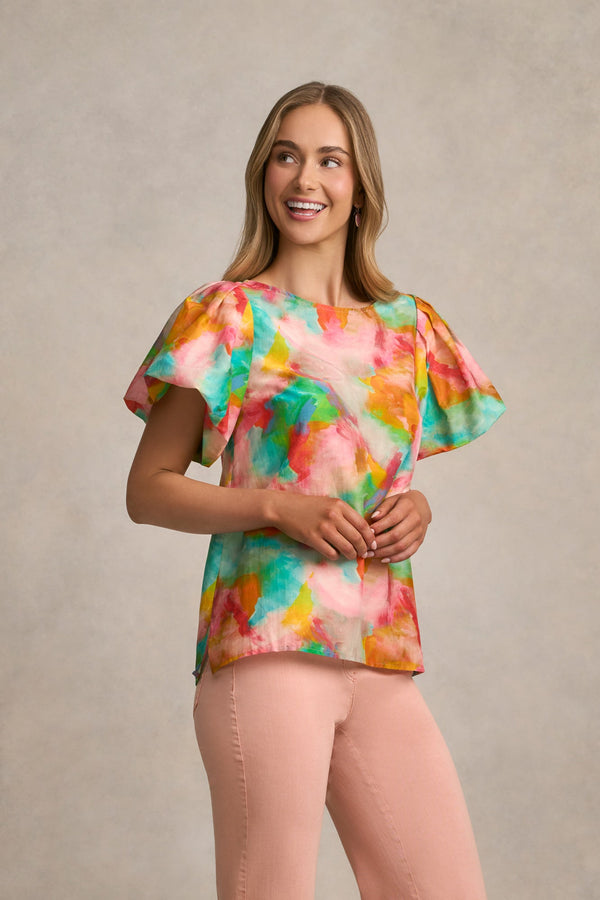 Puff Sleeve Blouse - Abstract Print