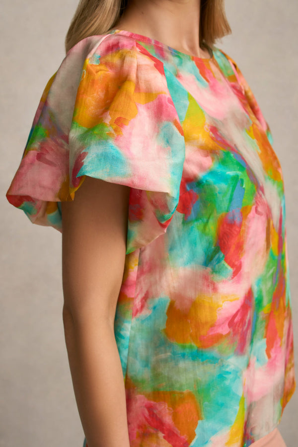 Puff Sleeve Blouse - Abstract Print