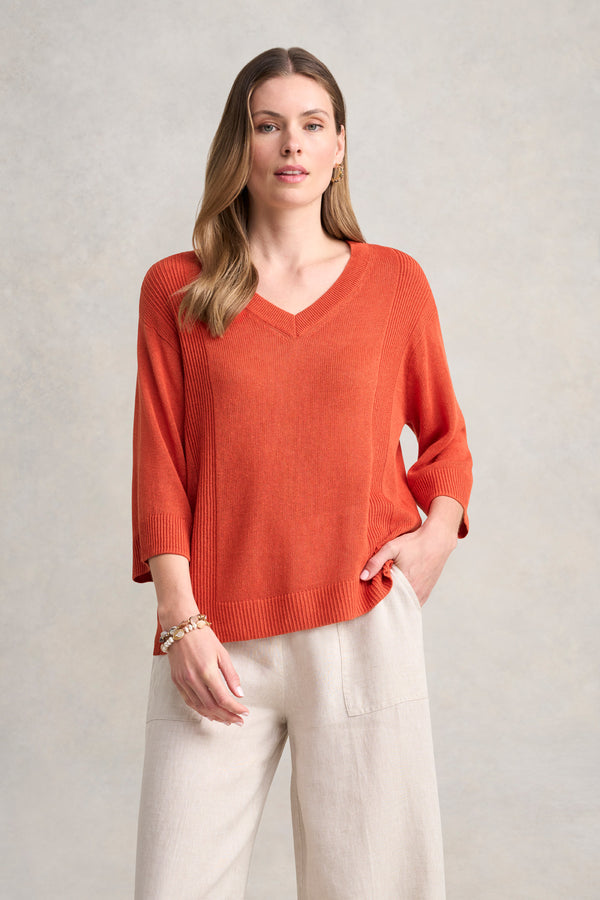 V-Neck Linen Knit - Burnt Orange