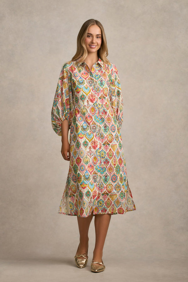 Cotton Shirt Dress - Pink Nouveau Print