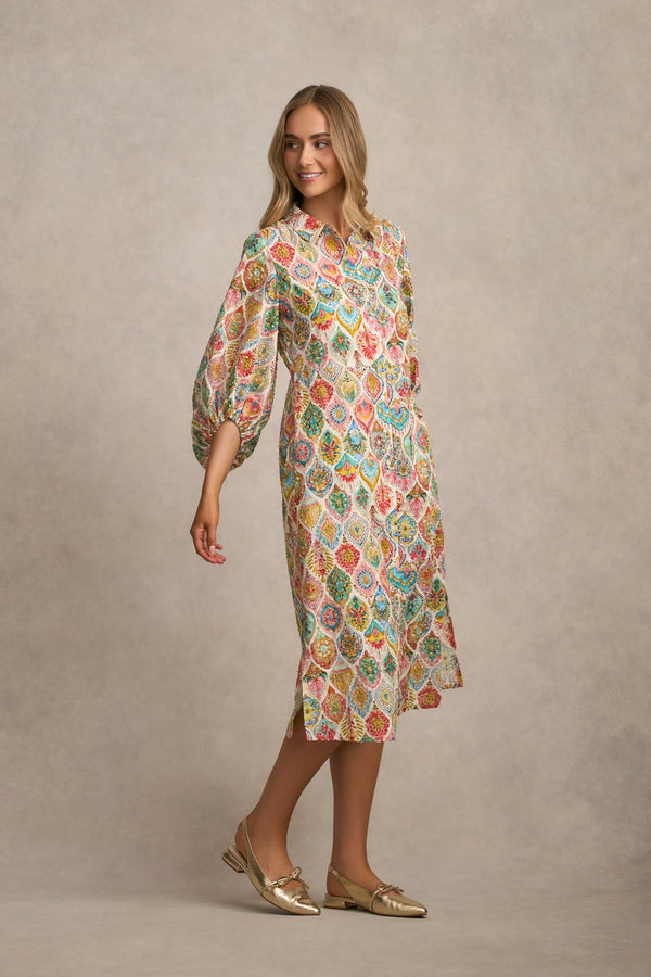 Cotton Shirt Dress - Pink Nouveau Print