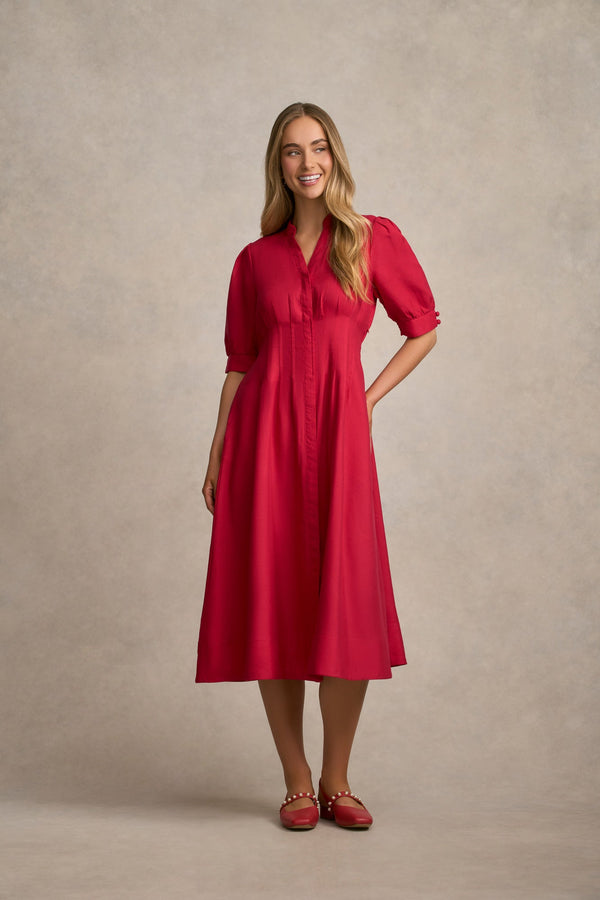 Pintuck Linen Dress - Brick Red