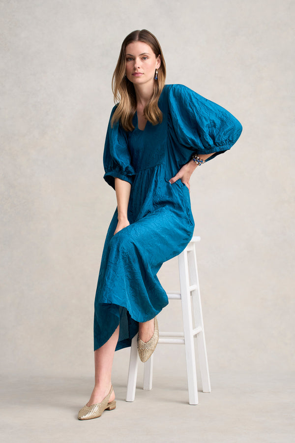Gathered Sleeve Silk Dress - Teal