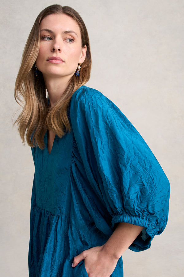 Gathered Sleeve Silk Dress - Teal