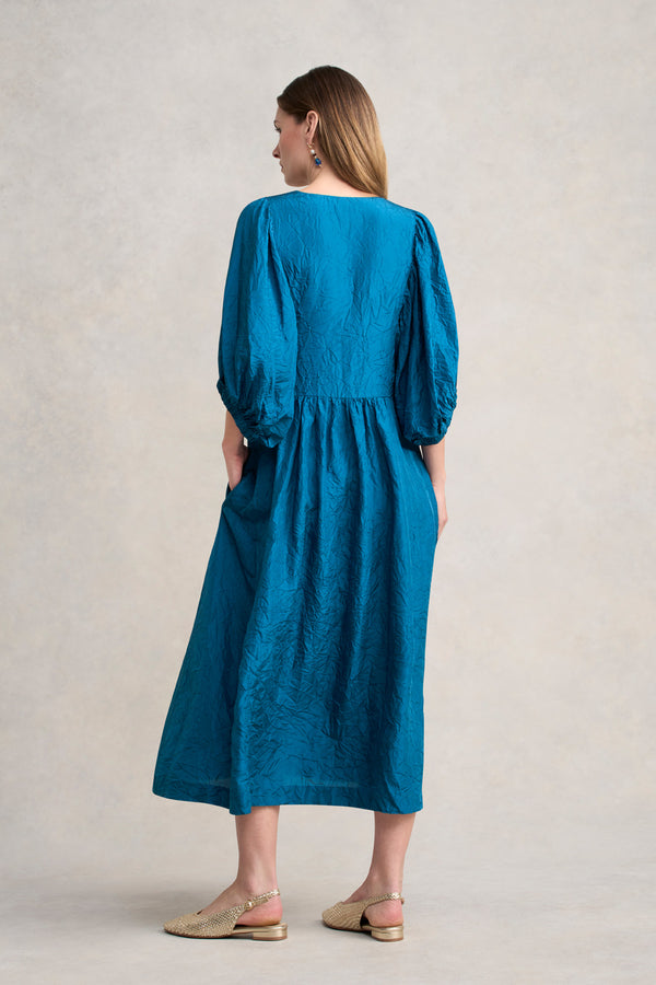 Gathered Sleeve Silk Dress - Teal