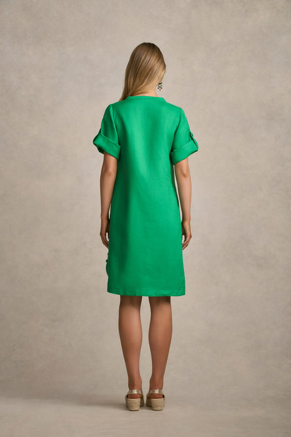 Buttoned Linen Shift Dress - Emerald Green