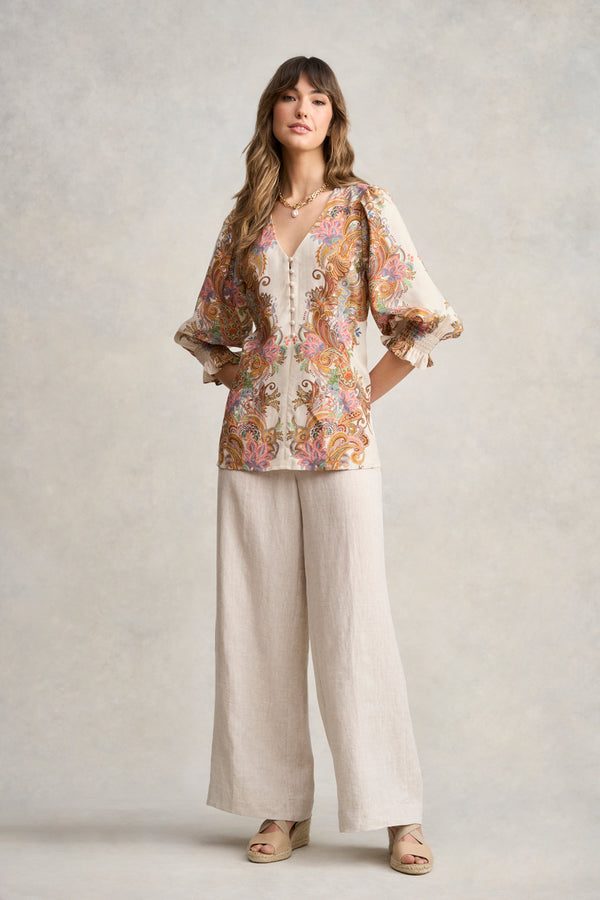 Paisley Border Print Blouse - Cream Paisley Border Print