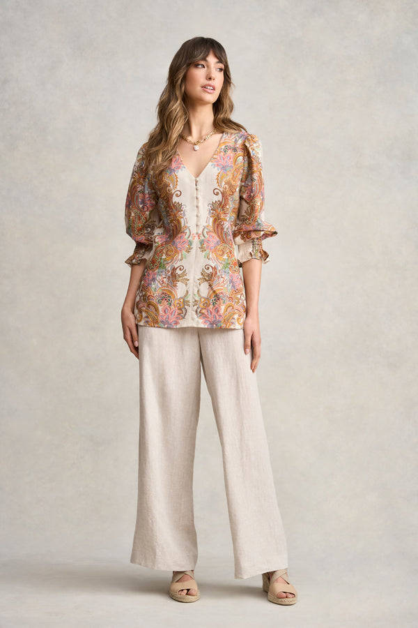 Paisley Border Print Blouse - Cream Paisley Border Print