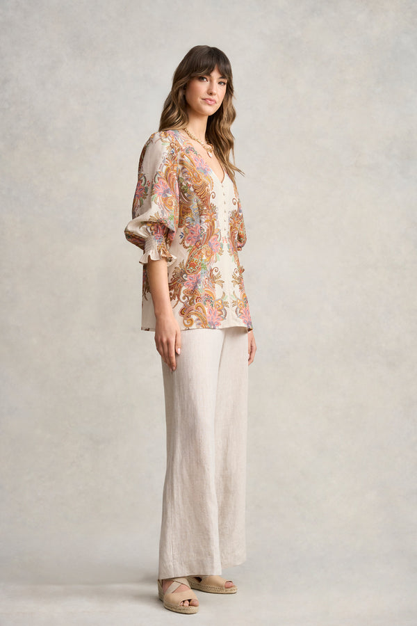 Paisley Border Print Blouse - Cream Paisley Border Print