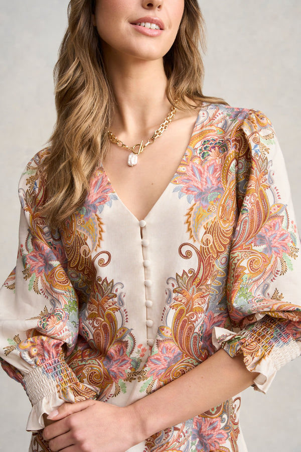 Paisley Border Print Blouse - Cream Paisley Border Print