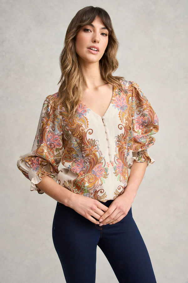 Paisley Border Print Blouse - Cream Paisley Border Print