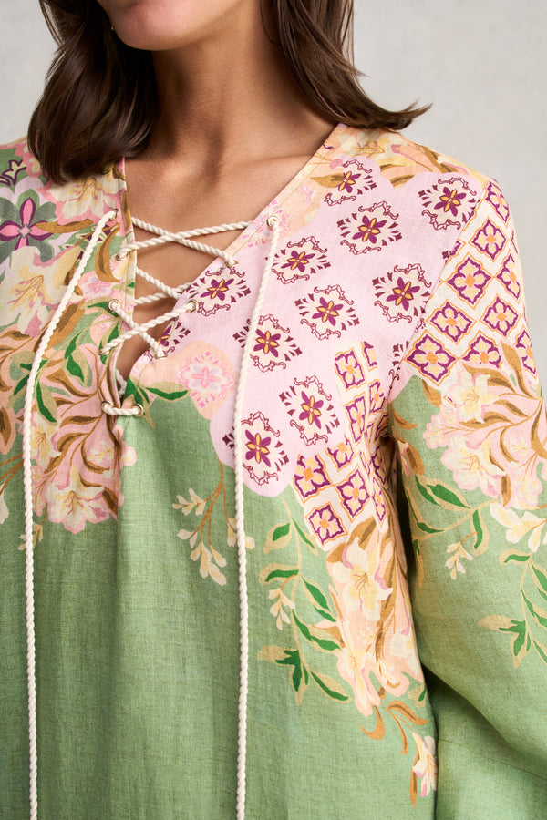 Linen Kaftan Dress - Patchwork Print