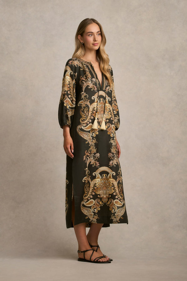 Printed Kaftan Dress - Gold Paisley Print