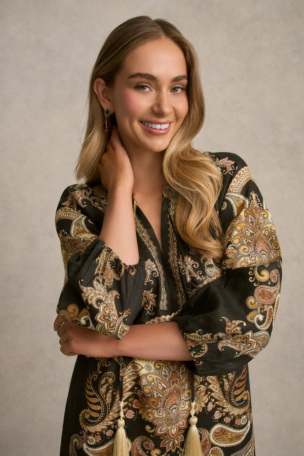 Printed Kaftan Dress - Gold Paisley Print