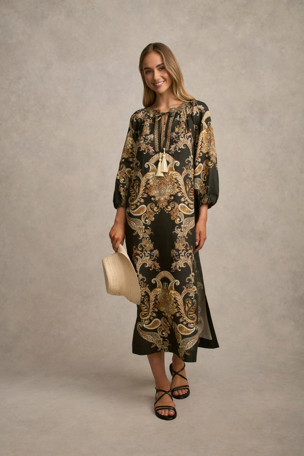 Printed Kaftan Dress - Gold Paisley Print