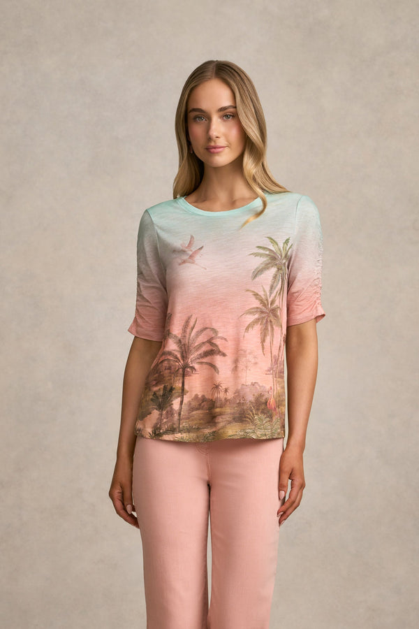 Ruched Sleeve T-Shirt - Sunset Tropics