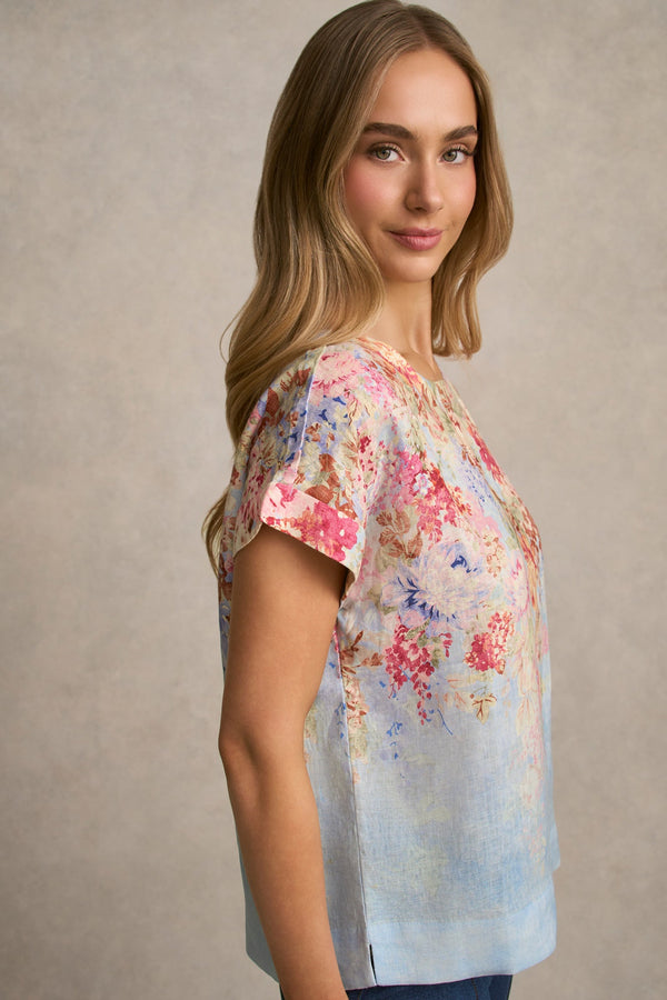 Linen Button Back Top - Cascading Blooms