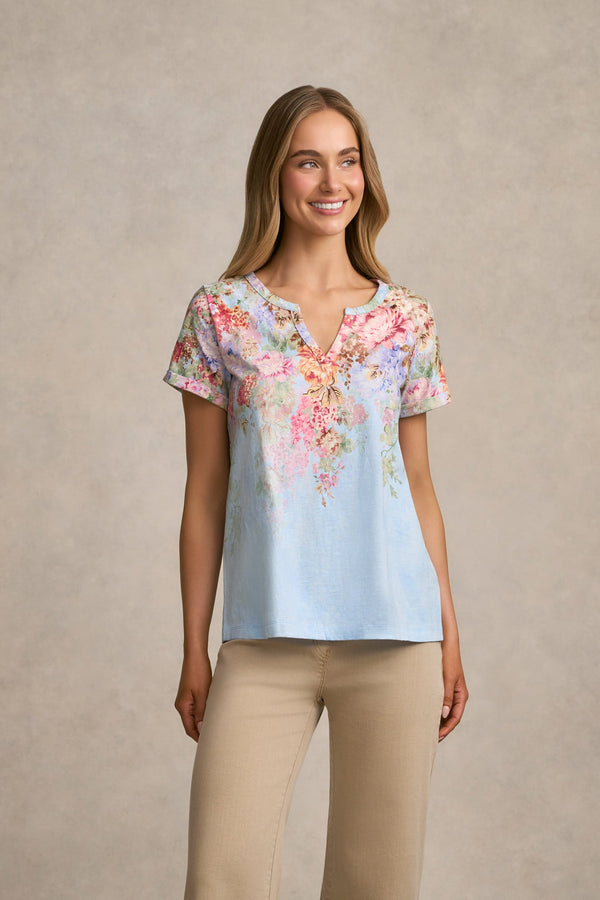 Notch Neck Cotton Tee - Cascading Blooms