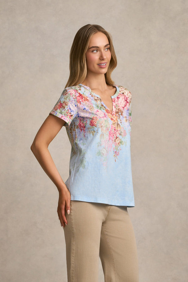 Notch Neck Cotton Tee - Cascading Blooms