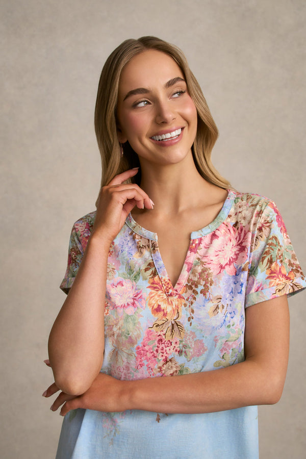 Notch Neck Cotton Tee - Cascading Blooms