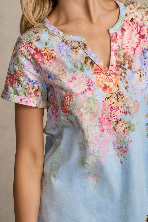 Notch Neck Cotton Tee - Cascading Blooms