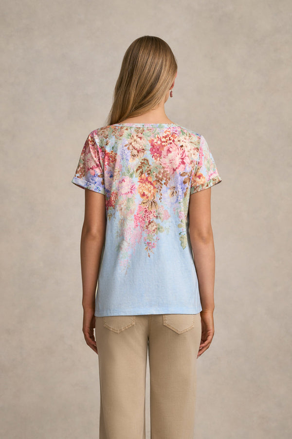 Notch Neck Cotton Tee - Cascading Blooms