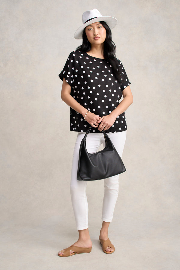 Linen Mix Top - Black Polka Dot