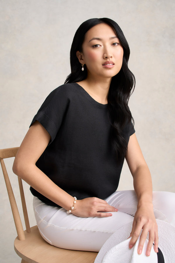 Linen Button Back Top - Black