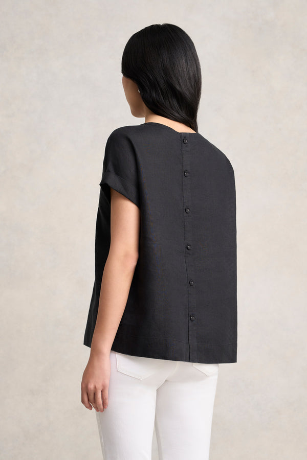 Linen Button Back Top - Black