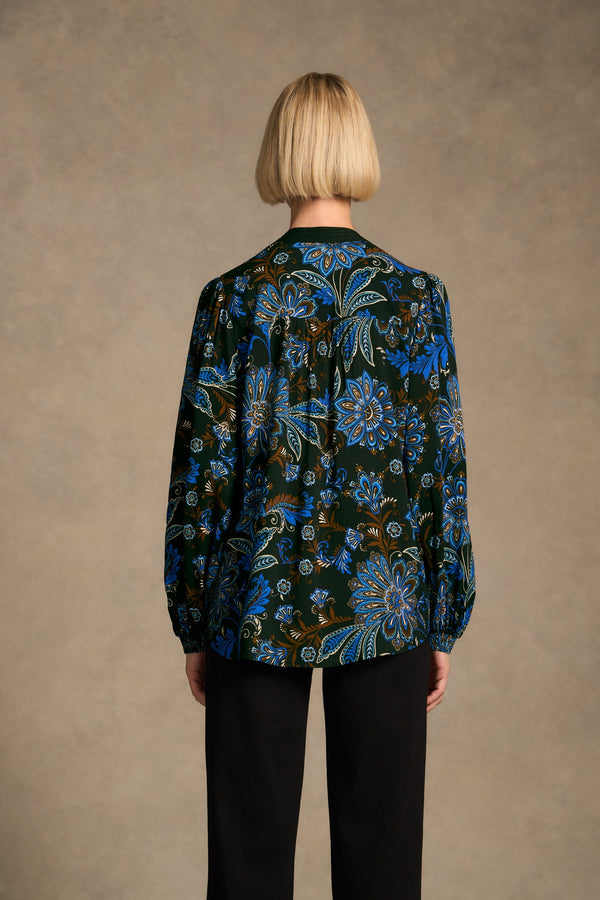 Notch Neck Blouse - Indigo Chintz Print