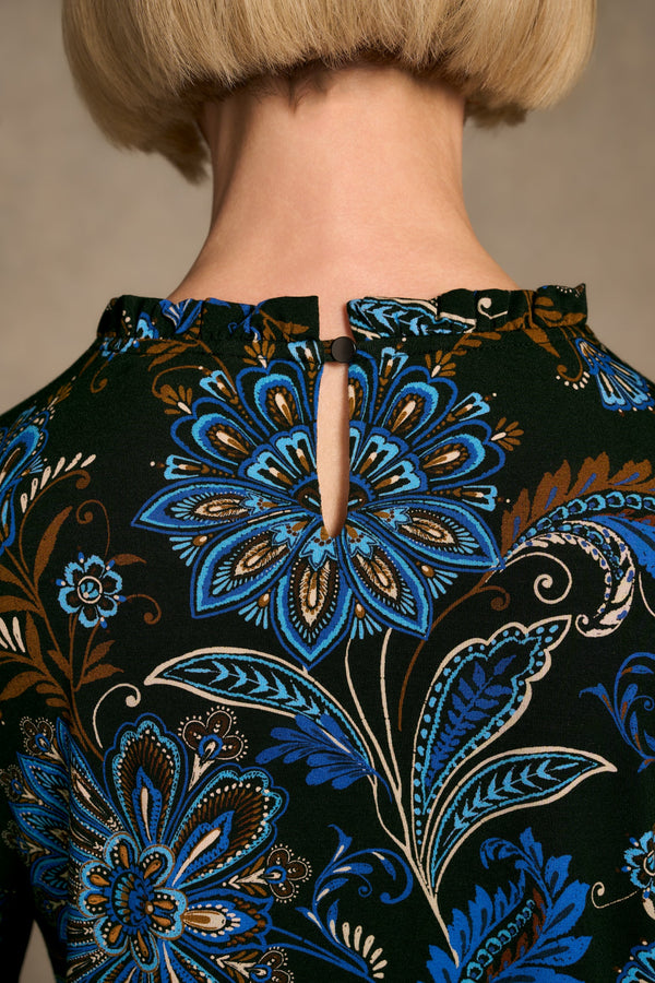 Soft Frill Detail Top - Indigo Chintz Print