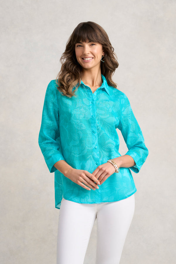 Longline Cotton Shirt - Foliage Print