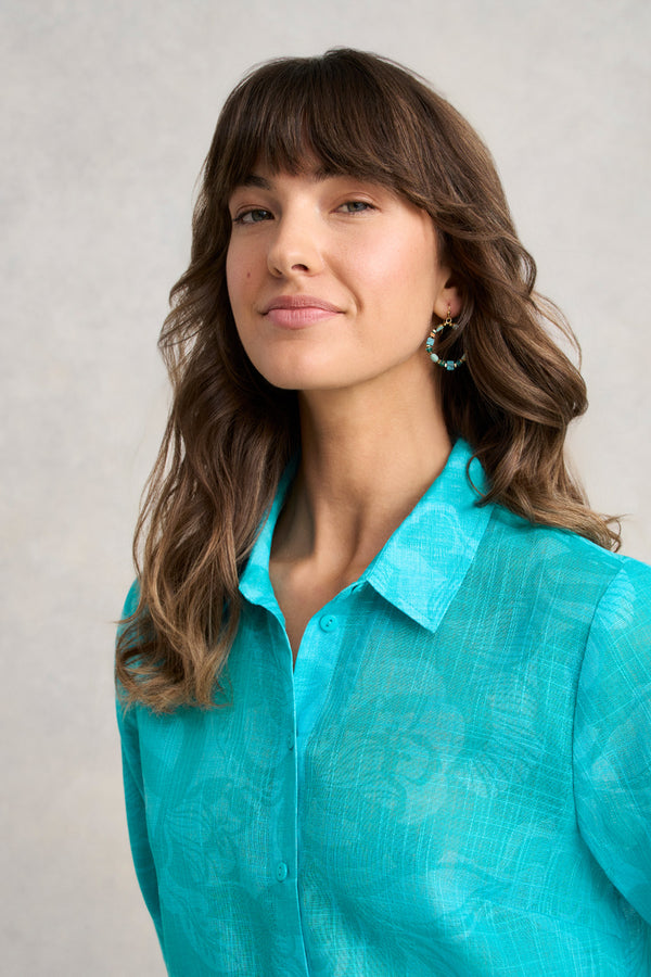 Longline Cotton Shirt - Foliage Print