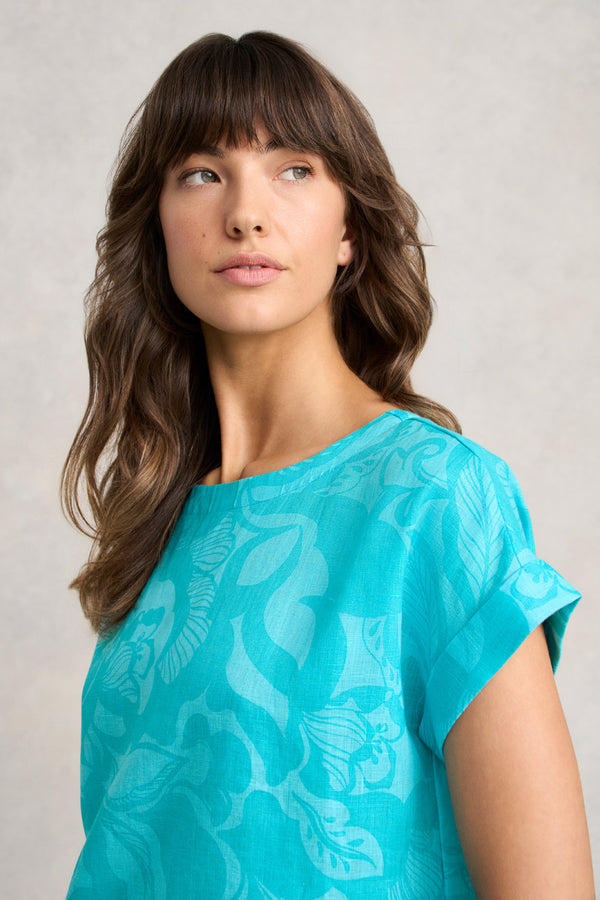 Linen Button Back Top - Foliage Print
