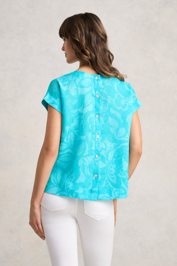 Linen Button Back Top - Foliage Print