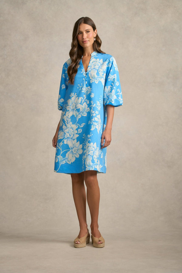 Printed A-Line Dress - Blue Floral Print