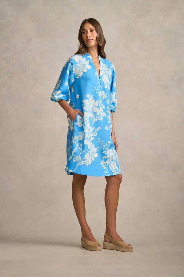 Printed A-Line Dress - Blue Floral Print