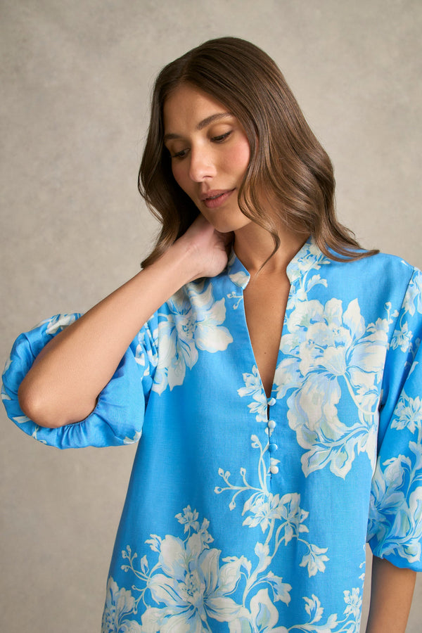 Printed A-Line Dress - Blue Floral Print