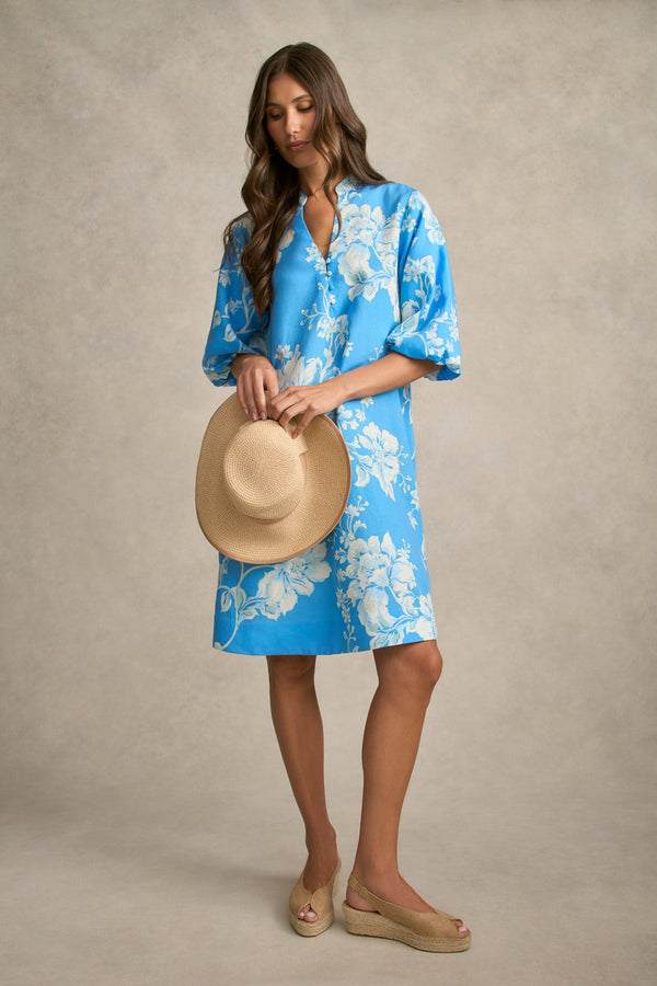 Printed A-Line Dress - Blue Floral Print