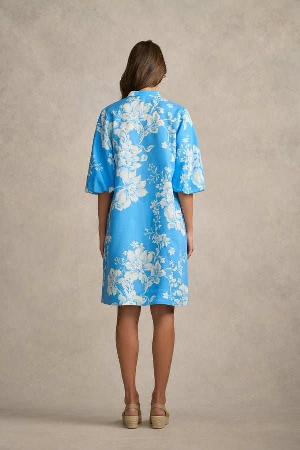 Printed A-Line Dress - Blue Floral Print