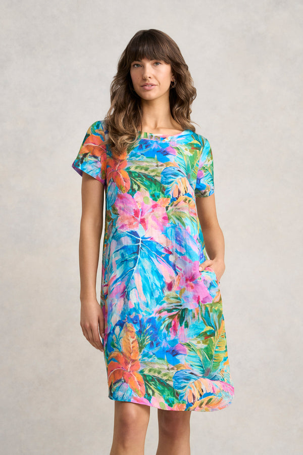 Printed Linen Dress - Vibrant Palm Print
